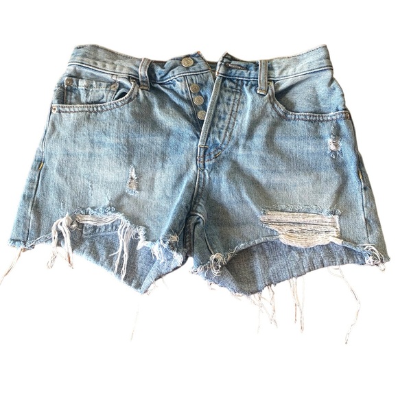 FREE PEOPLE We The Free Sofia Distressed Mid Rise Buttonfly Jean Shorts size 24 - Picture 4 of 14